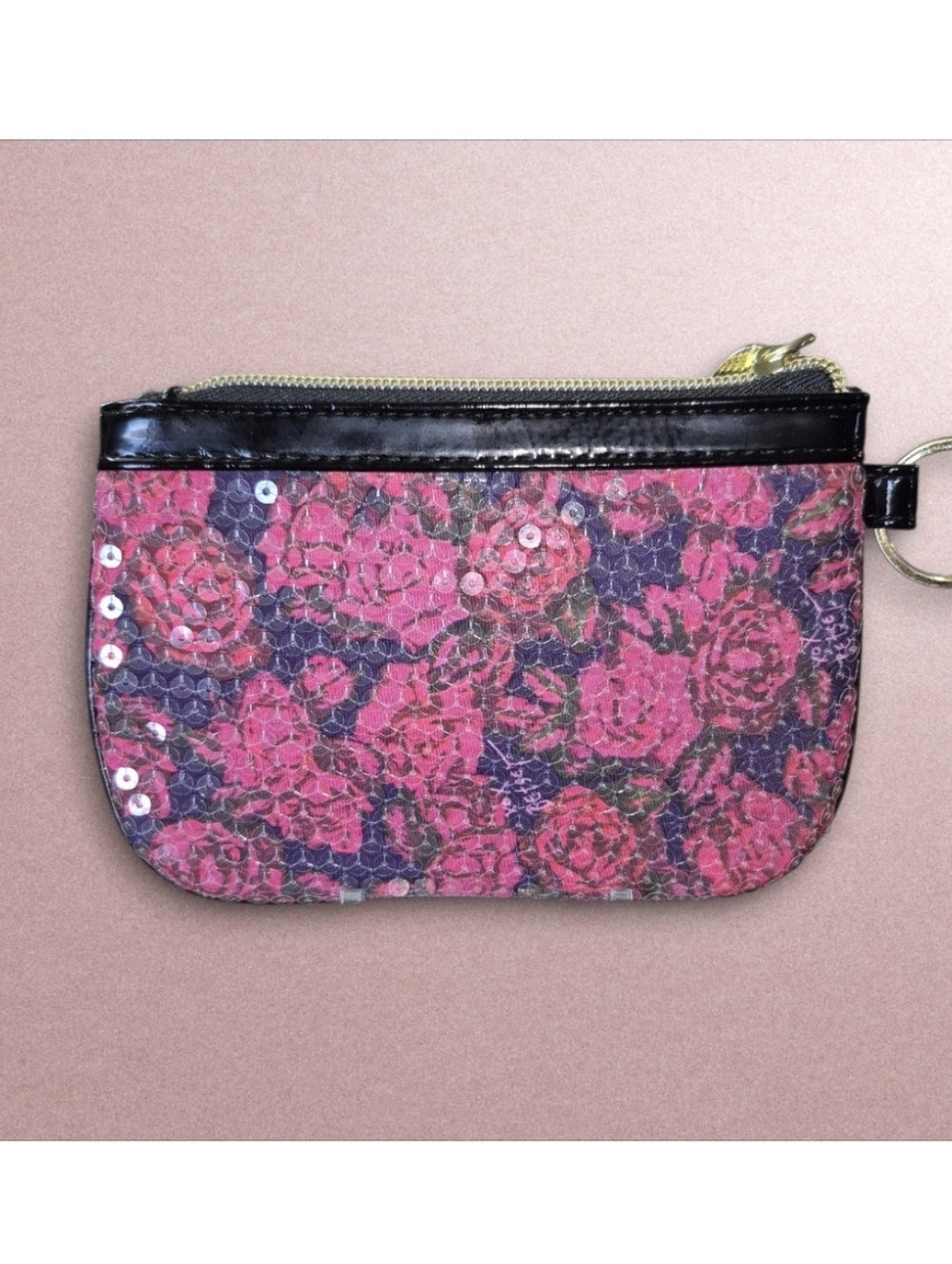 Betsey Johnson Pink and Black Sequin Floral Coin Pouch - Picture 5 of 6